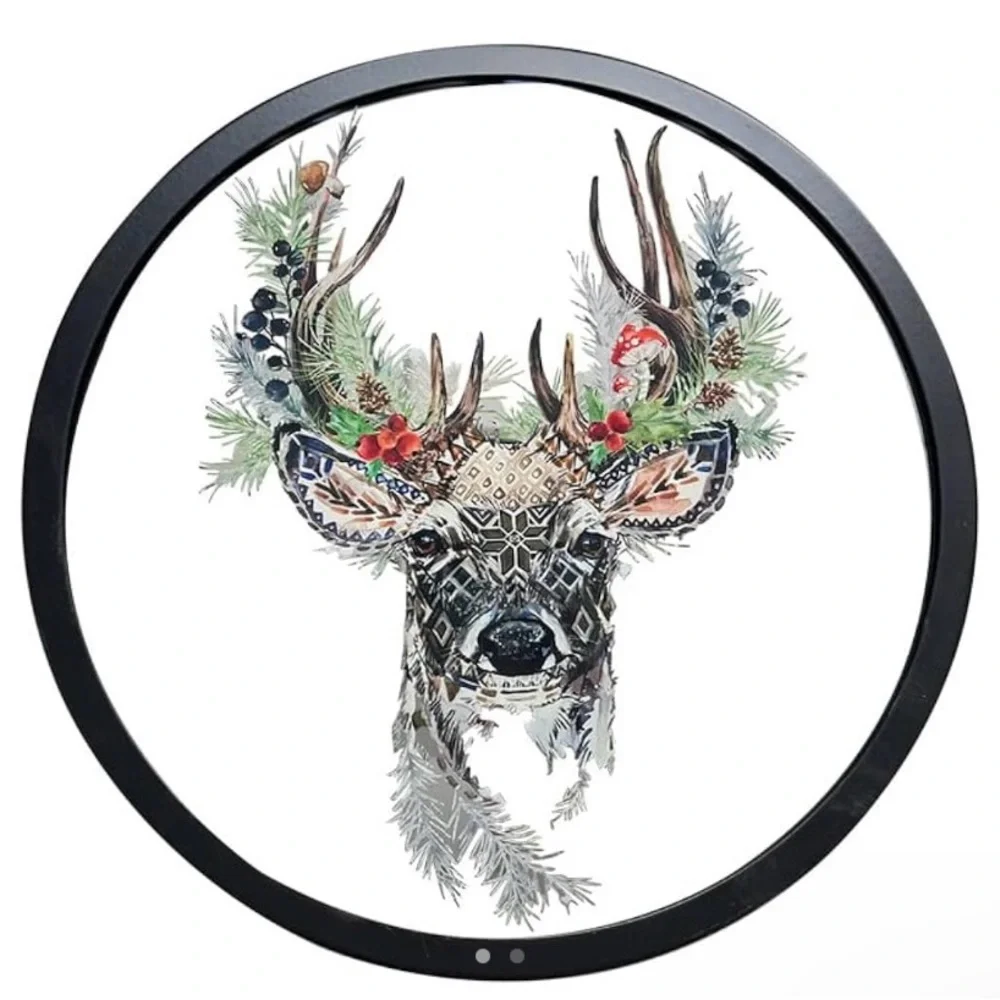 🎈Christmas Holiday Elk Home Decor Round Mirror Black Metal Frame, 10 inch, NIB